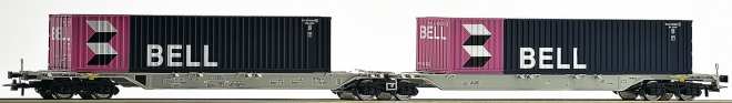 articulated flat car loaded with containers Bell<br /><a href='images/pictures/Roco/224734.jpg' target='_blank'>Full size image</a>